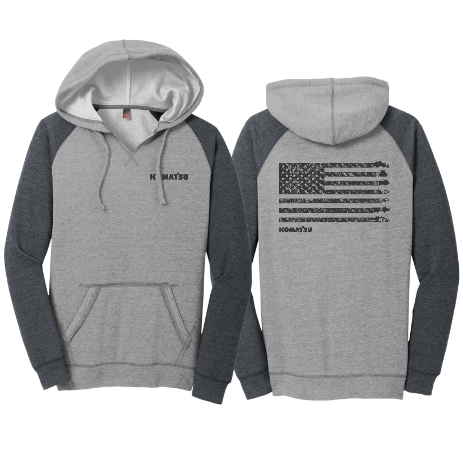 KOMATSU FLAG District® Women’s Lightweight Fleece Raglan Hoodie - Heathered Grey/Charcoal