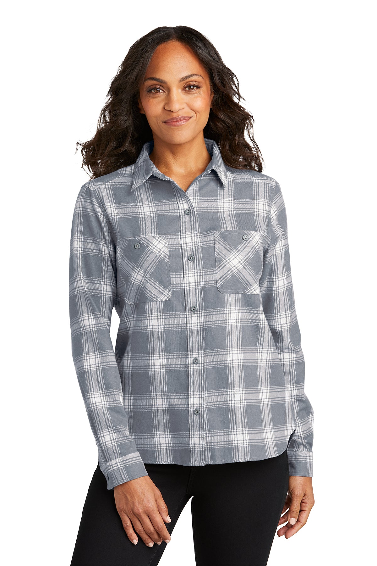 KOMATSU Port Authority® Women's Plaid Flannel Shirt - Grey/Cream Open