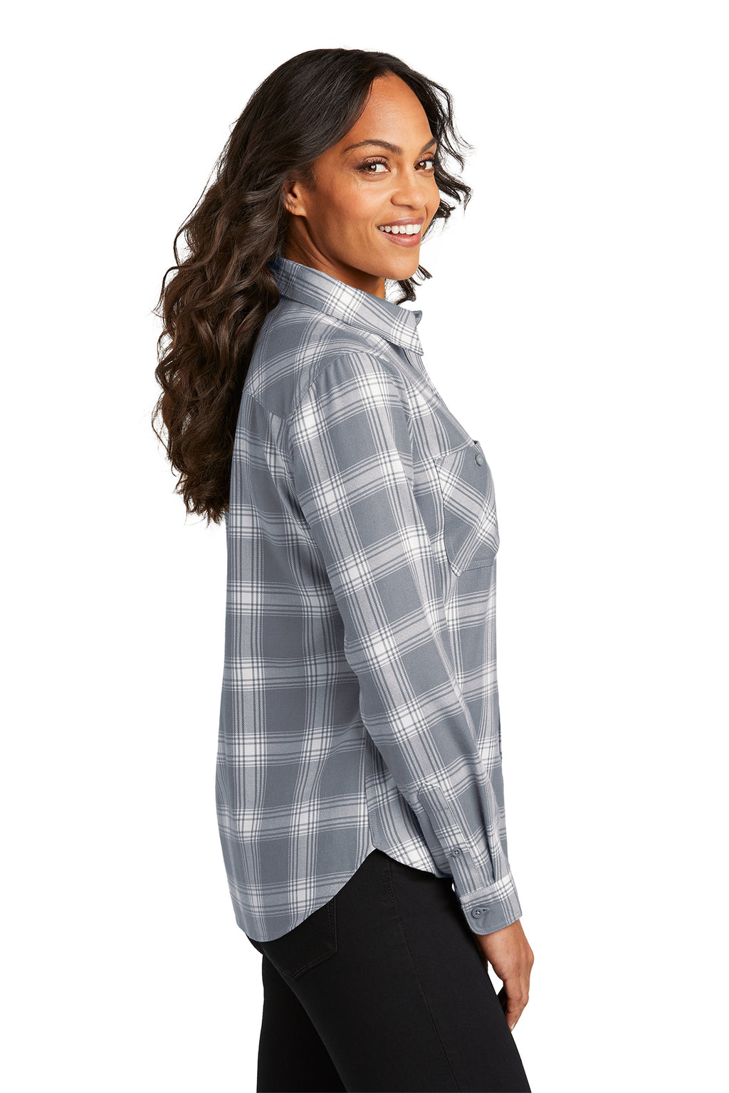 KOMATSU Port Authority® Women's Plaid Flannel Shirt - Grey/Cream Open