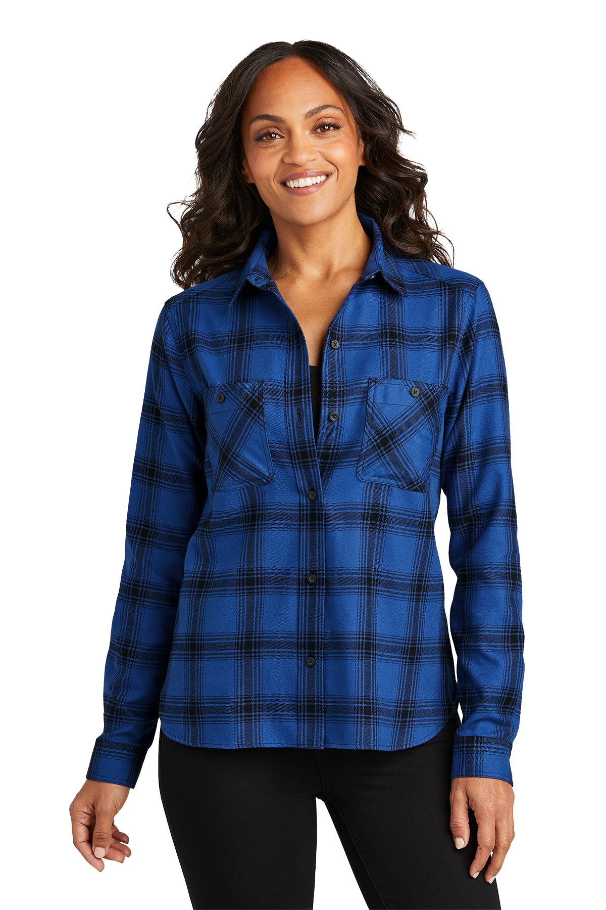 KOMATSU Port Authority® Women's Plaid Flannel Shirt - Royal/Black Open