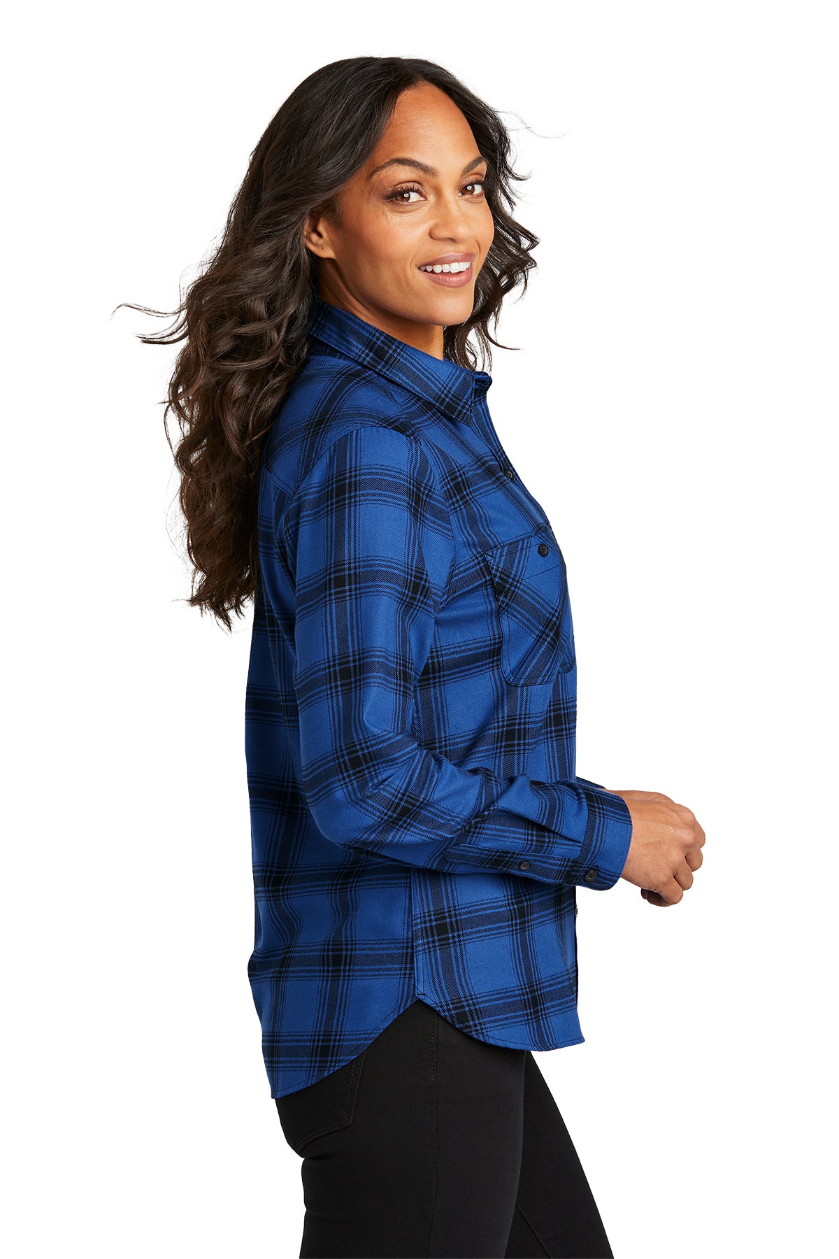 KOMATSU Port Authority® Women's Plaid Flannel Shirt - Royal/Black Open