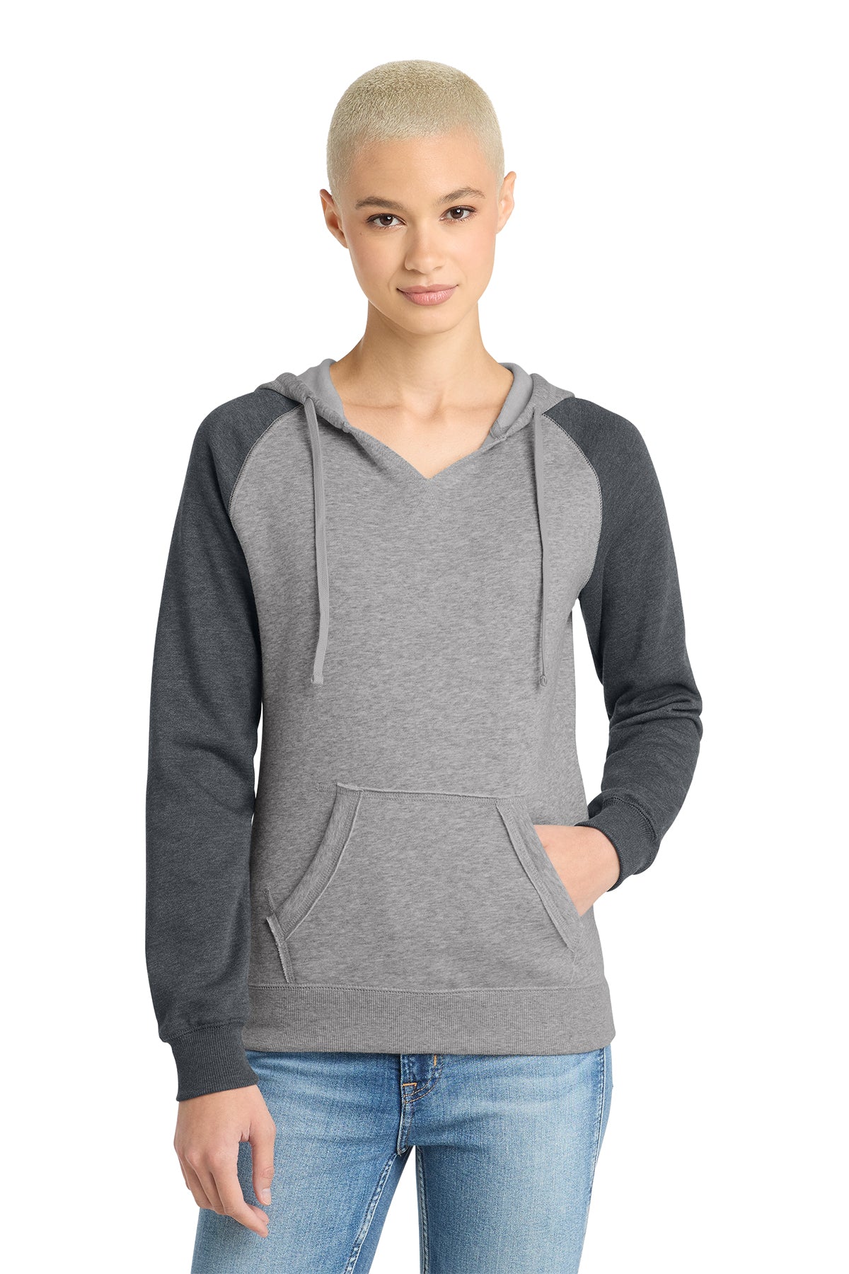 KOMATSU FLAG District® Women’s Lightweight Fleece Raglan Hoodie - Heathered Grey/Charcoal