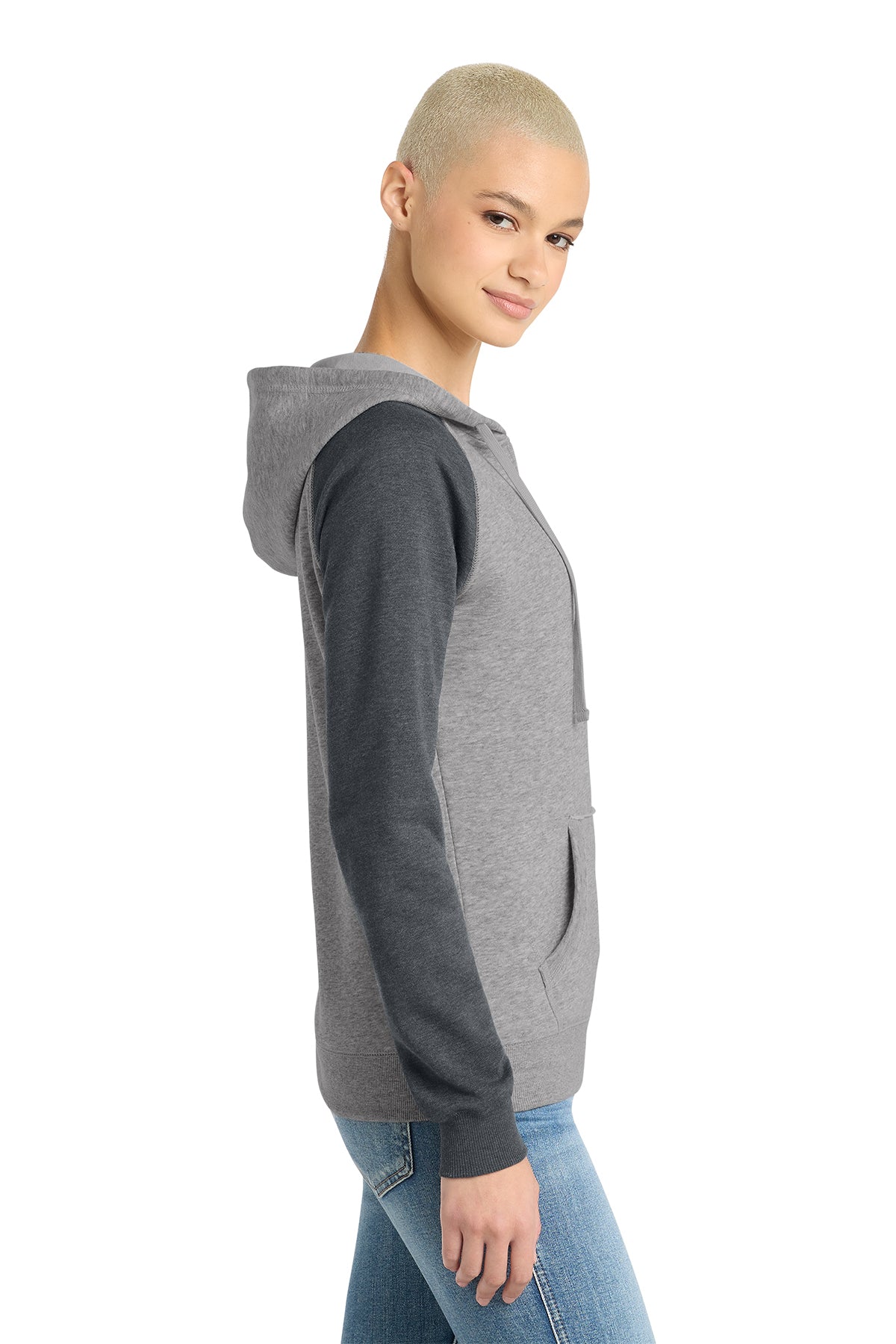 KOMATSU FLAG District® Women’s Lightweight Fleece Raglan Hoodie - Heathered Grey/Charcoal